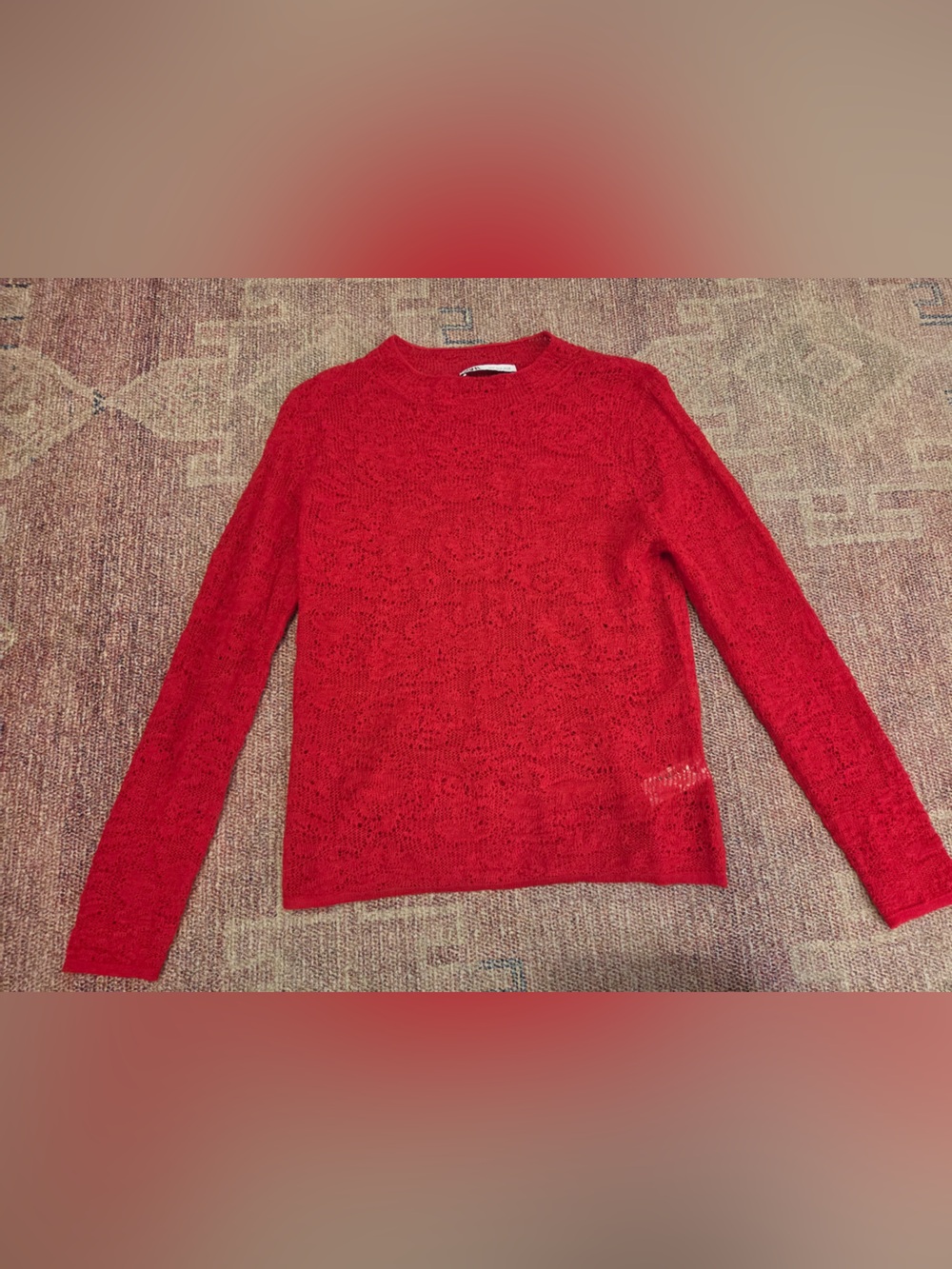 Zara red pointelle lightweight open knit sweater long sleeves crew neck medium